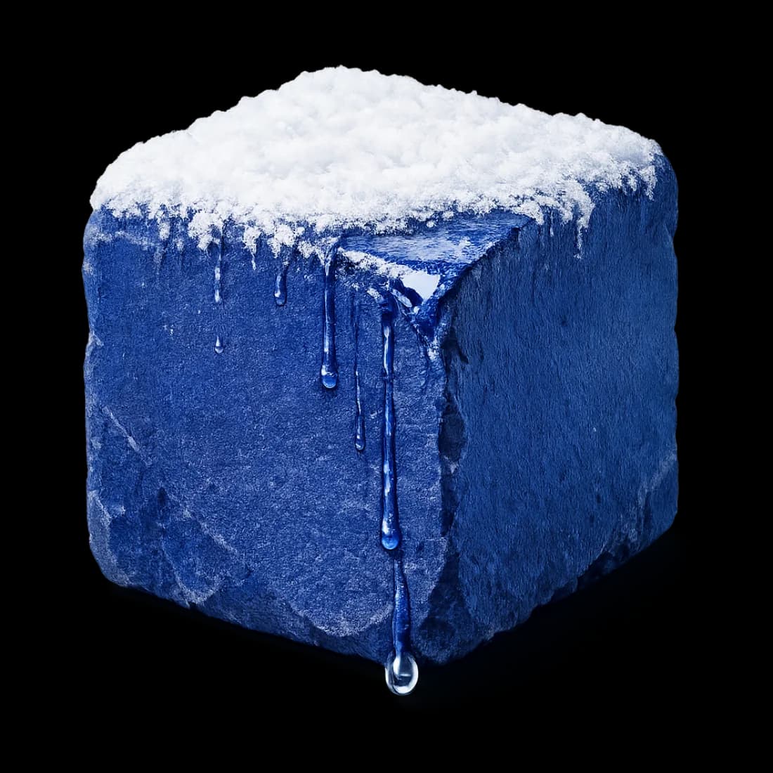 A block of cobalt stone with a crust of white frost on top, melting: water runs down its face and drips off the bottom edge